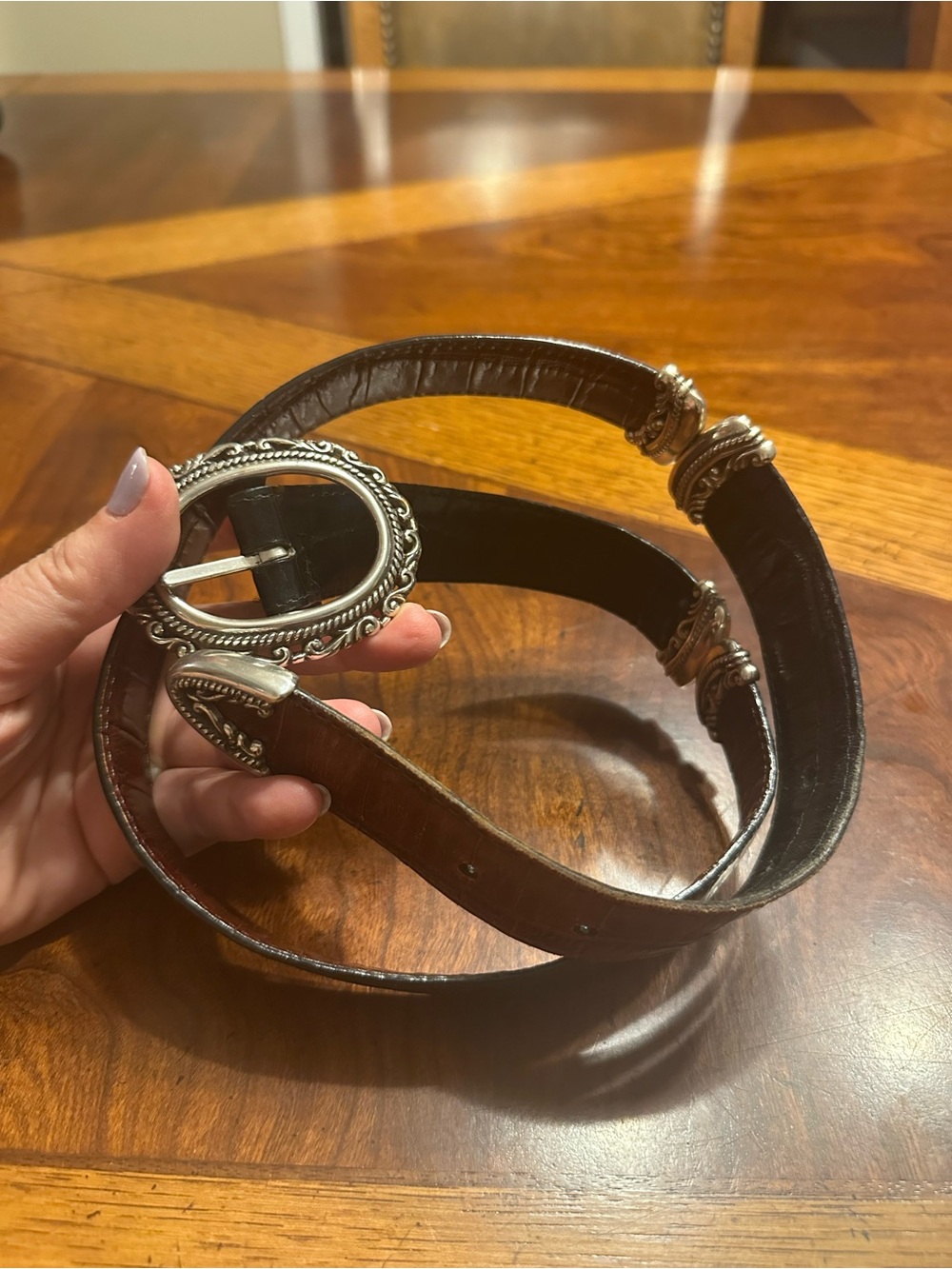 Women's Dual-Tone Leather Belt with Decorative Silver Buckle - Black/Brown - Picture 2 of 9